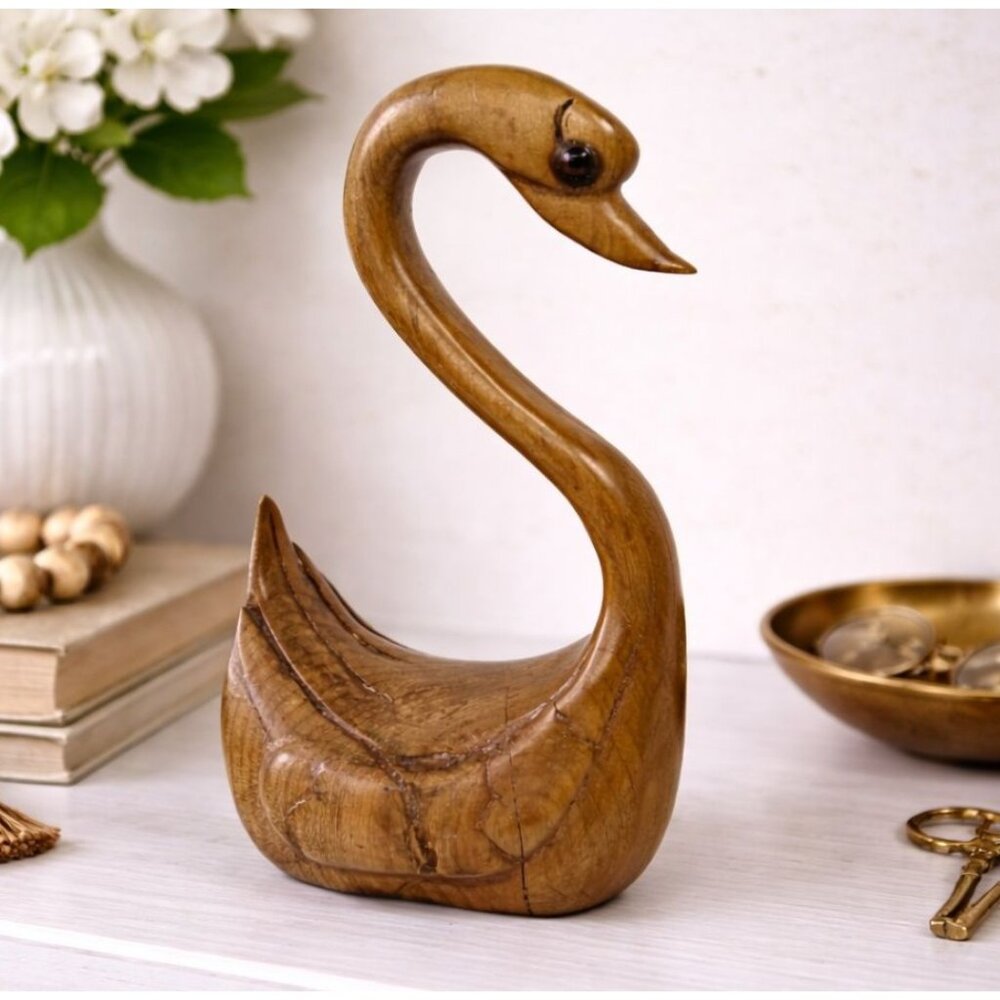 Vintage Hand-Carved Wooden Swan Figurine With Smooth Finish